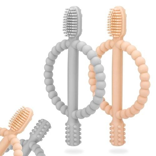 Baby Teething Toys with Easy-Hold Handle, Silicone Infant Toothbrush, Textured On Both Sides Helps Massage, Soothe Sore Gums, Teething Toys for Babies 0-6 Months, 6-12 Months Peach Powder & Gray
