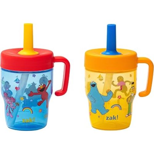 Zak Designs Sesame Street Capri Toddler Tumbler For Travel or At Home, 10oz 2-Pack Durable Plastic Sippy Cups With Handle and Leak-Proof Design are Perfect For Kids and BPA Free (Elmo & Friends)