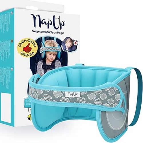 NapUp Adjustable Head Support for Car Seat – Patented & Crash-Tested Anti-Bobbing Head Holder Strap, Comfortable Sleep Solution - Breathable Fabric, Kids Travel Accessories - Ages 2+ - Light Blue