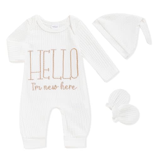 GRNSHTS Newborn Baby Boy Romper Coming Home Outfits Letter Print Bodysuit Jumpsuit+Hat+Gloves 3PCS Clothes Set