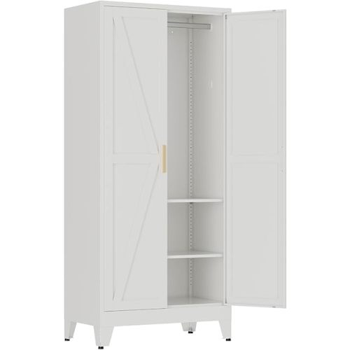 71" Tall Metal Armoire Wardrobe Closet with Removable Hanging Rod and Adjustable Shelves,White Armoire Wardrobe Cabinet for Bedroom Garage Laundry Room Office