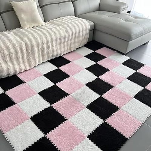 24 Pcs Fluffy Square Puzzle Foam Carpet Tiles, 12x12x0.4 Inch Thickened Soft Plush Foam Interlocking Floor Carpet Mat with Edgings(Color:White+Pink+Black)