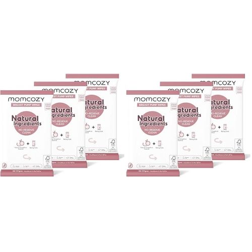 Momcozy Natural Breast Pump Wipes for Pump Parts Cleaning On-the-go, 30 Count (Pack of 6), Flash Clean & Resealable Pump Wipes