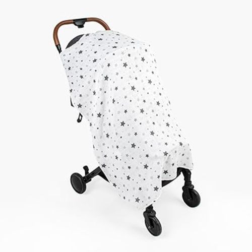 Muslin Stroller Cover - Versatile Baby Stroller Sunshade, Windbreaker, and Insect Shield - Stylish and Breathable Travel Accessory (Grey Star)
