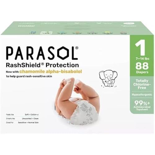 P'arasol Chlorine-Free Premium Diapers with RashShield Protection, Size 1, 88 Count, 2 Pack of 44 Diapers