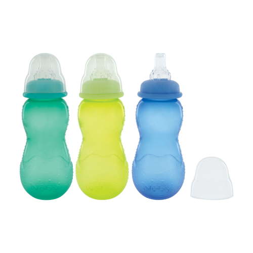 Nuby Non-Drip Standard Neck Bottle for Infants, 10 fl oz, 3 Count, Multicolor Bottles