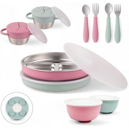 Elk and Friends Kids Stainless Steel Mealtime Bundle | Plates, Bowls, Snack Cups + Toddler Utensils | Silicone Suction Sleeves + Travel Storage Lids | for Meals + Snacks | Dishwasher Safe