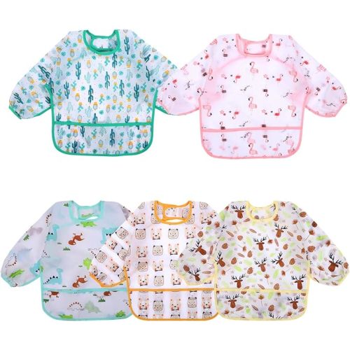 Accmor 5 Pack Long Sleeve Bibs, Baby Smock Waterproof Sleeved Bib Smock for Baby Toddler 6-36 Months