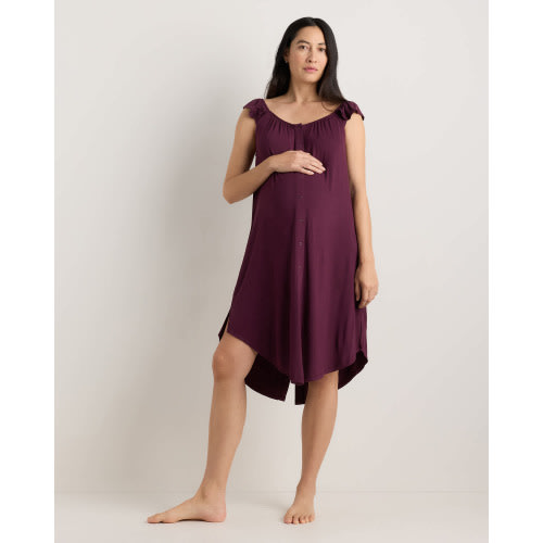 Bamboo Jersey Flutter Sleeve Labor and Delivery Gown - Maternity in Wine Tasting Red