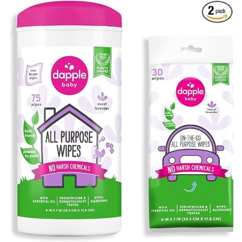 Dapple Baby All Purpose Wipes, Plant Powered, Hint of Lavender, Hypoallergenic, 75 Count Canister + 30 Count