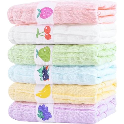 6 Pack Muslin Washcloths Baby Soft Absorbent 100% Cotton Wash Cloths for Babies Comfy Burp Cloths for Bath Face Body Wipes 9.84''X9.84'' Large Rags Shower Gift Unisex Newborn Fruit-Themed
