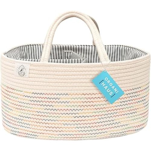 OrganiHaus Nursery Storage Basket, Cotton Rope Toy & Diaper Caddy Organizer with Handles, Baby Diaper Organizer, Foldable Design, Machine Washable, Ideal for Baby Room & Laundry - Stitches Rainbow