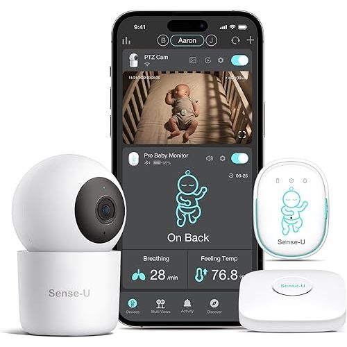 Sense-U Pro Baby Breathing Movement Monitor with 2.5K PTZ Camera: Track Breathing with Gentle Vibration, Sleep Position, Temperature Notifications, 2.5K Video, Background Audio, No Monthly Fee