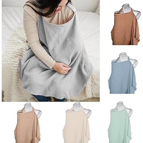 Nursing Cover for Baby Breastfeeding, Muslin Breathable Breastfeeding Cover with Hoop,Multi-use Carseat Canopy,Adjustable Mother Nursing Apron (Grey)