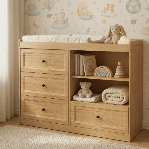 Axioo Changing Table Dresser,4-Drawer Nursery Dresser with 2 Adjustable Shelves,Baby Diaper Changing Station,Natural Wood