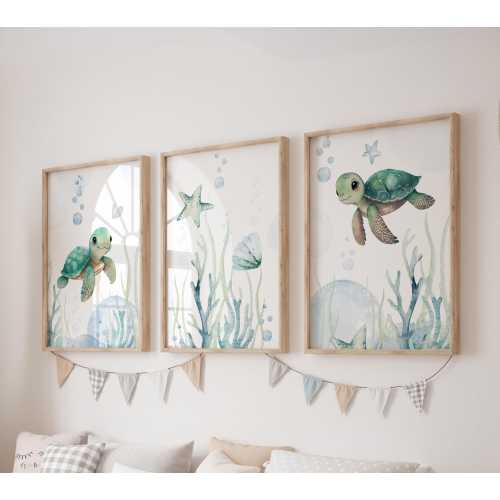 Set of 3 Turtle Prints, Underwater Wall Art Set, Ocean Posters, Modern Art, Turtle Kids Bedroom Decor, Boy Nursery Decor, Playroom Prints