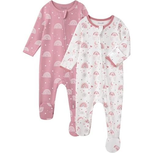 Baby Girl Sleepers 100% Cotton Footie Pajamas Newborn 0-3 3-6 6-9 Months with 2-Way Zipper, 2pcs PJs Baby Girl Clothes