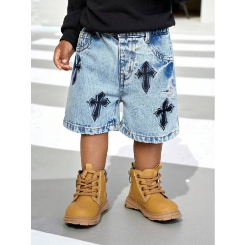 Baby Boy Urban Street Vintage Distressed Urban Cross Embroidered Blue Denim Long Jeans Shorts Bermuda Spring Summer,For Baby Dailywear Spring Summer And Back To School,Streetwear,Boy Christmas,New Year,Stylish Collection,Jeans Shorts,2-Year-Old Denim Jean