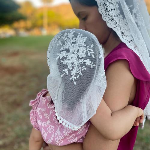 Veil for Baby Girls - Traditional Catholic Chapel Veil White Lace Mass Mantilla - Head Cover Headscarf - Baptism Bonnet -Queen of All Saints