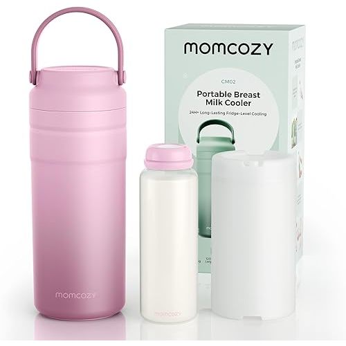 Momcozy Portable Breast Milk Cooler for Travel, 24H Ice-Free Cooling Breastmilk Storage Bottles Container, 12oz Leak Proof Outdoor Small Freezer, Baby Breastfeeding Essential for New Moms, Pink