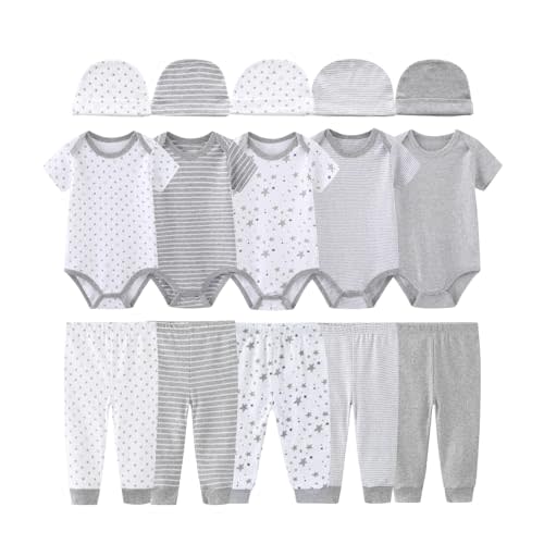 15Pcs Cotton Baby Boy Girl Pants Bodysuits Set Matching Hats | 0-12Months Baby Gender Neutral Clothes,Newborn Outfits,Soft,Varied Styles,Mix and Match,Machine Washable