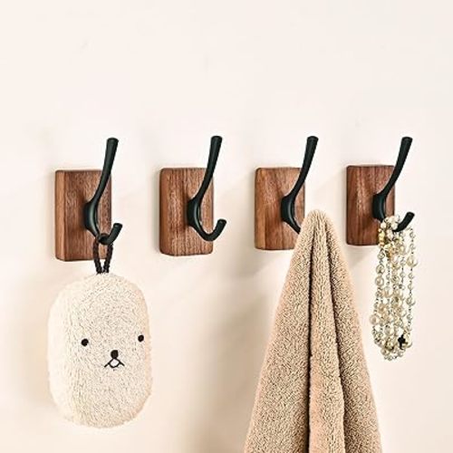 4 Pack Walnut Wood Wall Coat Hooks for Hanging, Adhesive Mounted & Wall Mount Heavy Duty Decorative Wooden Double Hook hanger for Towel Backpack Hat Jacket Clothes Blanket Purse Closet Robe Key