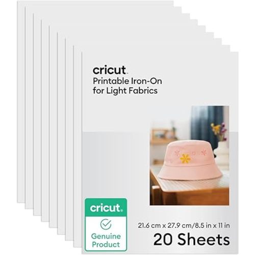 Cricut Printable Iron-On for Light Fabrics, 20 sheets (8.5" x 11") - Print HTV Compatible with Inkjet Printers - For Joy Xtra, Explore, & Maker Machines