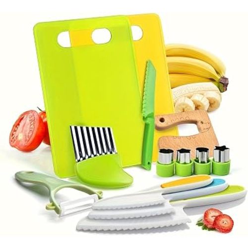 13PCS Toddler Knife Set - Kids Knifes for Real Cooking, Montessori Kids Kitchen Knife Set with Cutting Board Crinkle Cutters Kid Safe Knives, Toddlers Kitchen Tools