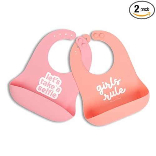Bella Tunno Baby Bib for Eating, Waterproof Silicone Bib with Large Food Catcher, Adjustable Fit for Babies 4-12 months & Toddlers 1-3 Years, Boys & Girls, Lets Take a Selfie + Girls Rule