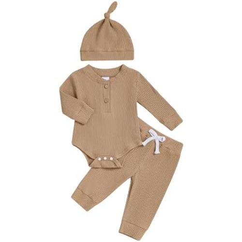 Newborn Baby Boy Clothes Long Sleeve Ribbed Bodysuit Pants Hat 3-Piece Outfit Set