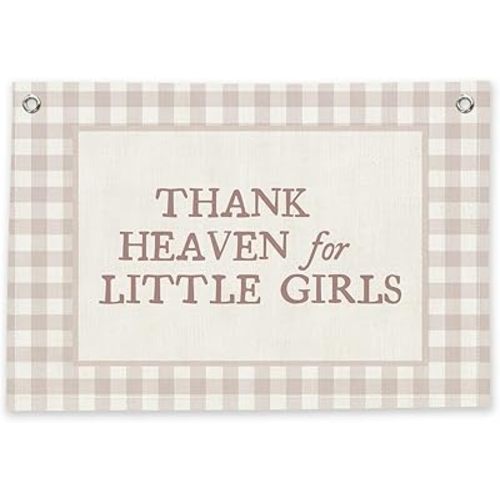 RTXLEZM Thank Heaven for Little ，Girls Vintage Pink Nursery Baby Girls Room Decor，Large Canvas Banner Flag Print,Pink Gingham Wall Art Hanging for Toddler Playroom Banner with Two Metal Grommets,36x24