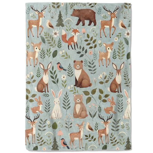 Woodland Animal Fleece Blanket - 50x60in Cute Deer Bear Fox and Bird Throw Blankets,Soft Cozy Lightweight, Ideal for Living Room Home Rustic Spring Decor and Kids Women Girls Gifts