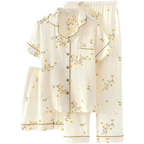 Womens 3pcs Cotton Pajamas Set Short Sleeve Sleepwear Fruit Print Cute Pj Set with Long Pants