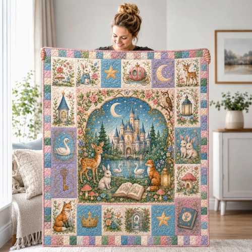 Fairytale Quilted Blanket, Vintage Storybook Castle Quilt, Woodland Animals Cozy Throw, Cottagecore Nursery Gift
