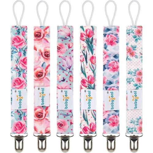 babygoal Baby Floral Pacifier Clips, 6 Pack Pacifier Holder Clip for Boys and Girls Fits Most Pacifiers and Binkies
