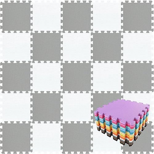 qqpp EVA Rubber 18 Tiles Interlocking Puzzle Foam Floor Mats - Baby Play Mat for Playing | Exercise Mat for Home Workout. White, Gray. QC-ALb18N