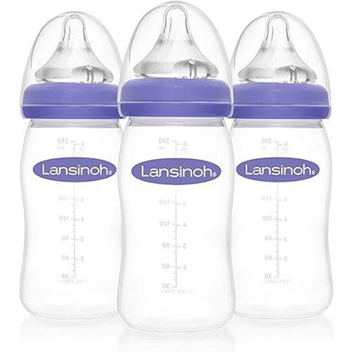 Lansinoh Anti-Colic Baby Bottles, BPA-Free Plastic, 8 Ounces, 3 Count, Medium Flow Nipples (Size M), Breastfeeding Bottle with NaturalWave Design