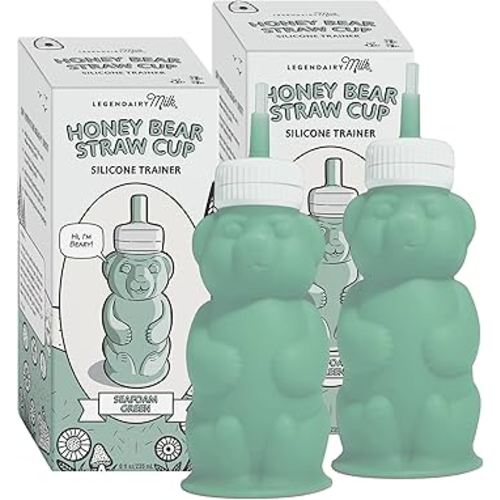 Legendairy Milk Honey Bear Straw Cup Silicone for Babies (Green), 8 oz. Dishwasher Safe, Food Grade Silicone, Honeybear Sippy Cup for Ages 4+ Months (Pack of 2)