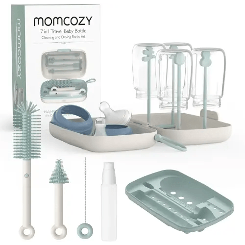Momcozy Bottle Brush Set - Baby Bottle Cleaner Kit with Silicone Brush, Nipple Brush, Straw Brush, Soap Dispenser, Drying Rack - 7 in 1 Bottle Cleaning Tool for Home and Travel
