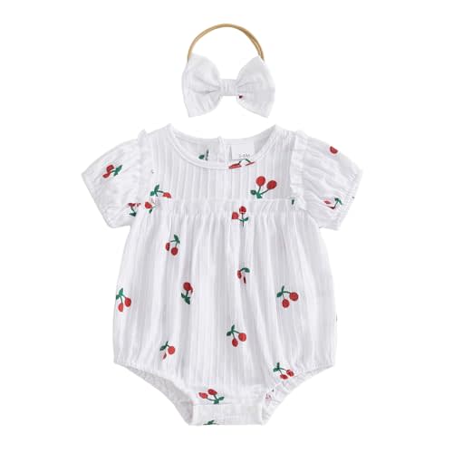 CIYCUIT Baby Girl Cherry Romper Outfit with Headband Newborn Infant Summer Short Sleeve Bubble Bodysuit Clothes