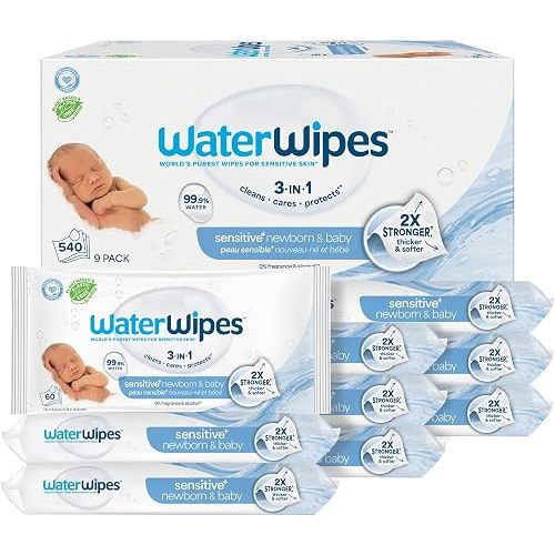 WaterWipes Sensitive+ Newborn & Baby Wipes, 3-In-1 Cleans, Cares, Protects, 99.9% Water, Unscented & Hypoallergenic, 540 Count (9 Packs)