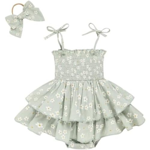 TITKKOP Baby Girl Summer Outfits Infant Double Romper - Sleeveless Bodysuit & Cake Smash Outfit