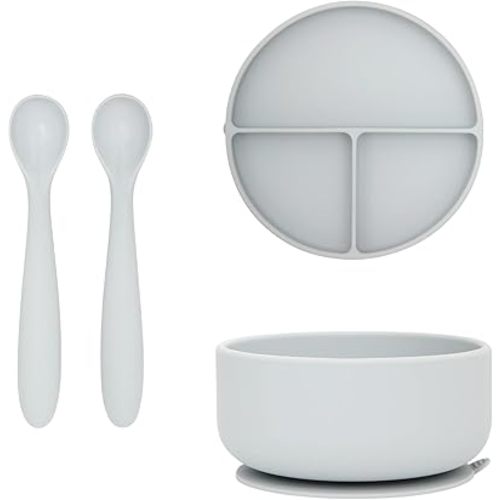 dollop Silicone Plate, Bowl, and Spoon Set for Babies - BPA Free, Dishwasher Safe, Suction Base (Faint Lilac)
