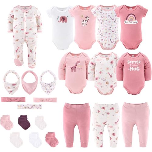 The Peanutshell Baby Layette Gift Set for Girls – 23 Piece Newborn Essentials & Clothes – Rainbow Safari