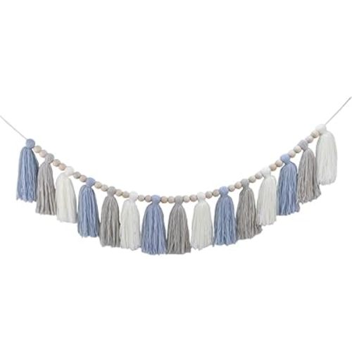 DrCor Blue and White Tassel Garland – Handmade Coastal Boho Wall Hanging for Nursery, Boys Room, Beach Theme Party, Baby Shower & Classroom Decoration