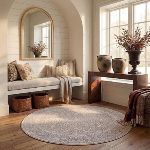 SAFAVIEH Reflection Collection Area Rug - 6'7" Round, Beige & Cream, Non-Shedding & Easy Cleaning, Ideal for Living Room, Bedroom (RFT670A)