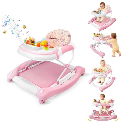 pioncrey 5 in 1 Baby Walker Pink Flower, Foldable, Height Adjustable, Music & Light, Wheel for Infant Babies