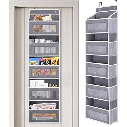 DEEKI Over The Door Organizer Behind Door Hanging Storage with 5 Large Mesh Pockets for Laundry Bathroom Bedroom Nursery Kitchen High Capacity(GREY)