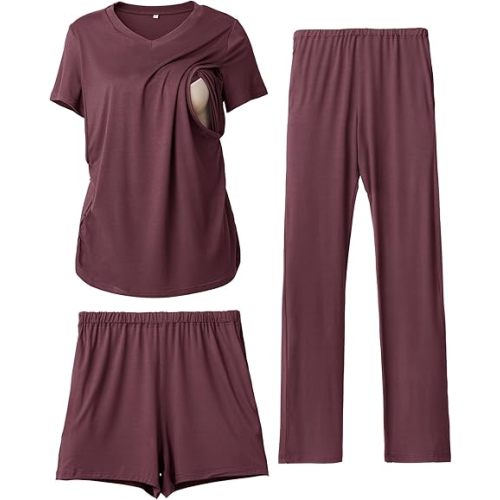 Rnxrbb 3 Piece Women's Maternity Nursing Pajamas Set V Neck Breastfeeding Pjs Sleepwear Postpartum Shorts&Pants Pockets