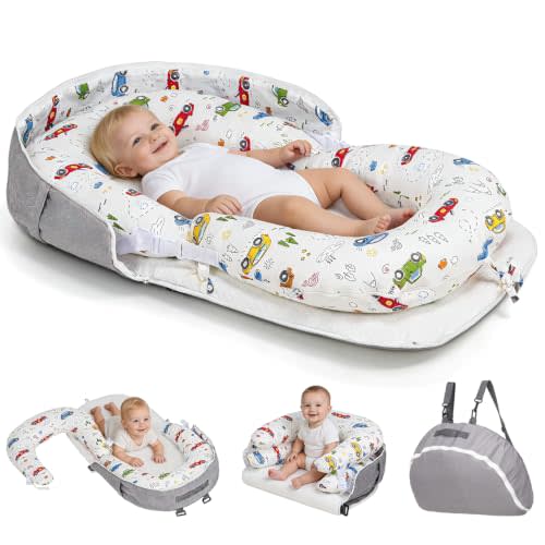 4-in-1 Infant Support Cushion for Newborns 0-24 Months, Portable & Foldable | Soft Breathable Baby Cushion for Diaper Changing, Tummy Time, Supported Sitting & Play, Machine Washable Cover, White Car